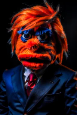 a Film Photograph of a realistic angry orange Donald Trump Muppet made of felt and fur wearing a dark blue suit and red tie and with combover