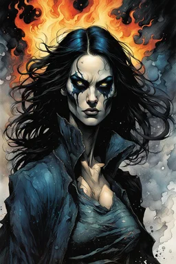 create an imaginative print illustration of a dreaded, feared and emaciated, raven haired, female, blind Nordic seeress, malevolent and dangerous, dressed in rags, with finely detailed, weathered and deeply lined facial features, wreathed in a maelstrom of fire, in the comic book art style of Bill Sienkiewicz, Mike Mignola, and Jean Giraud Moebius, finely textured, drawn, colored, and inked