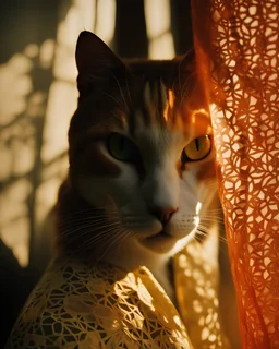 a photo of a 3 cats with caustics shadows reflected on its face, polygon shape shadows on her coat, an example of saul leiter's work, sun - rays beams, projection mapping, their faces covered with shadows reflected from hiding behind polygon lace curtains.