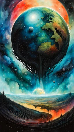 Zdzislaw Beksinski, and Peter Gric style ink wash and watercolour, full universe illustration of a planet earth highly detailed facial features, mixed to anatomical stars in the space view, visible plant like outer space structure, wildly flowing splash colours , 8k octane, all in focus, clean , no grain, ethereal, otherworldly concept art in vibrant natural colours