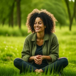"A person smiles and feels contentment and serenity while practicing meditation in nature. They may be sitting on the grass or by a tranquil lake, placing their hands on their knees, and blissfully closing their eyes."\
