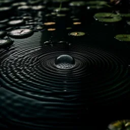 a raindrop creating one beautiful circle in a pond, dark colours