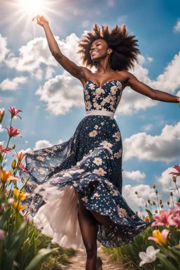 The camera zooms in, focusing sharply on very beautiful black girl with make up Lily wearing pretty dress as she dances gracefully in the same romantic environment with flowers and sky with nice clouds. Her joy and youth are presented against the backdrop of the surreal surroundings.