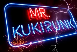 a very big blue whita neon sign that say "MR. KUKRUNK" , black background, flashes and sparks, thunder and lightning
