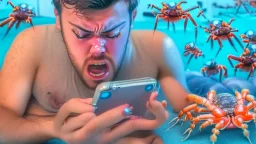 guy drooling while watching censored videos on smartphone surrounded by tiny crabs