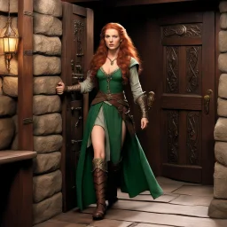 [high res photo by Ray Harryhausen, in the room of a tavern of middle earth] Minutes pass, and you hear footsteps approaching. The door creaks open, a woman enters. She's tall and statuesque, with long auburn hair and piercing green eyes. Her fine clothes mark her as a woman of means, and her demeanor suggests a mix of nervousness and intense desire.