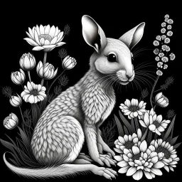 colorless wallaroo between seeds and big flowers black background .black and white colors. for a coloring. with grayscale