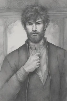 man, age 20, medieval, fighter, russian, croocked nose, czar, rich, simple clothes, short messy hair, thick beard, oligarch, leather coat with fur, brocade clothes, pencil drawing, black or red hair, muscles