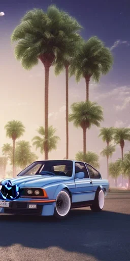 1980's aesthetic vaporwave palm trees and spheres and sports bmw