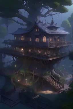 A magnificent tree house mansion; dan witz, dan mumford, wlop, jordan grimmer, killian eng, bernie wrightson, artgerm, low poly, isometric art, 3d art, high detail, artstation, concept art, behance, ray tracing, smooth, sharp focus, ethereal lighting