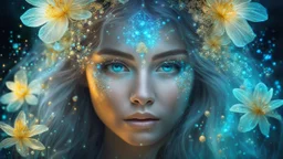 The photo is done in a bioluminescent and bioluminescent art style depicting a divine woman, Bioluminescent dewy translucent glowing skin, ethereal glowing eyes, long neck, perfect face in ultra-realistic details, flowing hair, double exposure, flower, The composition imitates a cinematic film with dazzling, gold and silver lighting effects. Intricate details, sharp focus, crystal clear skin create high detail. 3d, 64k, high resolution, high detail, computer graphics, hyperrealism, f/16, 1/300 s