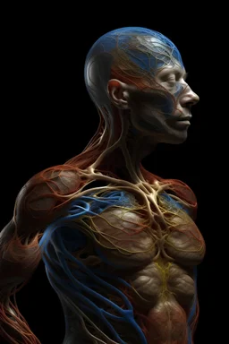 a human being with transparent skin, you see the veins and organs inside the human body, you see the blood flowing through the veins, the body is standing up in a position of freedom, the hair is spiralling around the body tangled up with other bodies with similar characteristics, the colors are earthy and smooth. Realistic mode