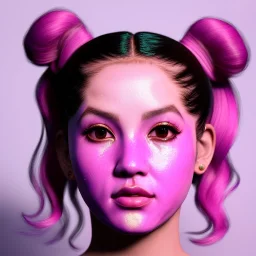 Rosalía artist, chinese porcelain mask pink eyeliner, pigtails hair, gold, pink, geisha, led lights, fog, rain, latex, vibrant color, highly detailed, art stations, concept art, smooth, unreal engine 5, god rays, ray tracing, RTX, lumen lighting, ultra detail, volumetric lighting, 3d, finely drawn, high definition, high resolution.