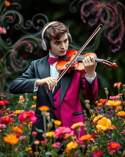 Gorgeous Realistic Photography a handsome young man a stunning adorned in vibrant luxury tuxedo carnival attire, headphones,playing violin standing in garden park flowers,ethereal beauty, black background, with swirling colors and fantastical tiny flowers, enchantment and grace, twisted vines, whimsical, surreal landscapes, emotive style, dreamlike quality, and magical realism, carnival red, ethereal pink, whimsical blue, vibrant green, celestial purple, golden amber