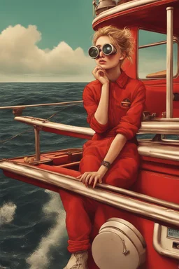 23 years old girl, with blond hair and a messy bun like selah sue. standing on in a red boat, wearing red clothes and looking trough binoculars watching something in the middle of the sea. You see the whole boat. You see the gril in front. It's a ferry. Wes anderson style. In front. Sarcastic vibe. Old school interior. she stands in the kitchen of the boat