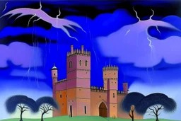 A purple castle in a thunderstorm designed in Indian Gond art painted by Edgar Degas
