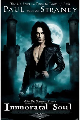 Movie Poster -- "Immortal Soul, a vampire story" - Paul Stanley - After witnessing the murder of his wife, at the hands of an evil vampire, Paul vows to avenge her death even if it takes him to the end of time, but he must become that which he loathes the most, a vampire. The evil vampire lures him to his castle, where he imprisons him, tortures him, and ultimately turns him. But he, still vowing to avenge his wife's death, escapes the vampires clutches to fight another day.