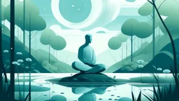 Generate a futurist illustration of a character meditating in nature. Use a serene color palette with celestial blue for the sky, tranquil green for the waters, and a grounding gray-blue. Add a subtle grain texture for depth. Emphasize simplicity and tranquility, capturing the transformative essence of meditation.