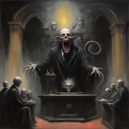 evil undead peaching preacher at intimidating pulpit, by John Jude Palencar and Michael Whelan and Stephen Gammell, horror art, alcohol oil painting, expansive, dark colors, vivid Lovecraftian preacher juxtaposed against an enveloping black tentacle rich nightmare, palpable textures, distressing hues, Whelan's distinctive visceral style, rich sharp color, modern horror