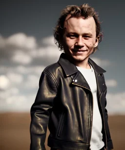 Heath ledger toddler, full body, leather jacket, soft skin, dramatic lighting, hyper realistic