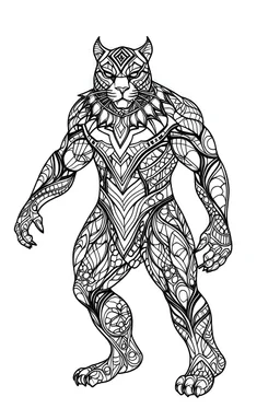 black and white drawing in a coloring book, only thick outlines, no shades of gray, for children in cartoon black Panther