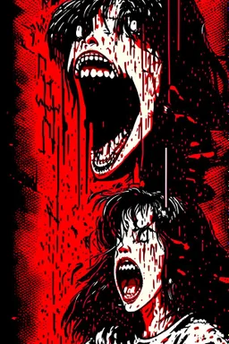 90s Japanese horror illustration, cartoonist Anime art, a woman screaming beheaded, bloody, splatter, gore art, pixelated art, high definition, giallo style, dario argento,