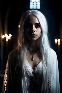 portrait of a beautiful young sexy goth girl, long messy white hair, dressed in lace robes with exposed shoulders, standing in a torch lit crypt, pale smooth skin, white eyes, piercing, unholy necklace, realistic, cinematic lighting, highly detailed face, very high resolution, looking at the camera, centered