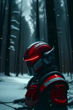 a strong warrior wearing futuristic sci fi knight helmet, glowy red visor , distant shot, adobe lightroom cinematic filter, snowy forest scene