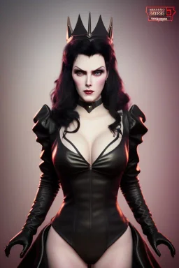 Amy Dumas as evil queen in black leather gown, evil, busty, cleavage, curvy, angry, stern look. character design by cory loftis, fenghua zhong, ryohei hase, ismail inceoglu and ruan jia. unreal engine 5, artistic lighting, highly detailed, photorealistic, fantasy