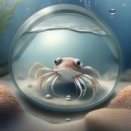 A cute little crab in a small circular fish tank.