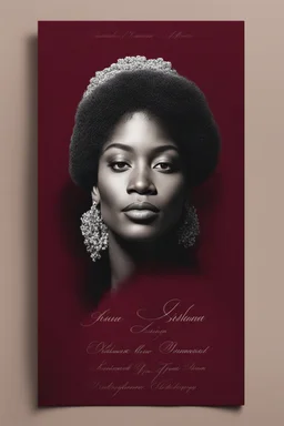 An extremely formal, funeral program written in French for a woman (include a front photograph of a beautiful lightly tanned elderly biracial black woman) on darkest red deeply pigmented velvet paper with brilliant, brightest heavy bright shining platinum calligraphy fonts, simple, minimalistic, less element, very dramatic lighting, brilliant colors, detailed,