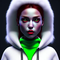 Pretty italian woman, rounded face, bubble gum, white, green, red, hoodie, feathers, retro, latex, leather, soft color, highly detailed, art stations, concept art, smooth, unreal engine 5, god rays, ray tracing, RTX, lumen lighting, ultra detail, volumetric lighting, 3d, finely drawn, high definition, high resolution, neon background.