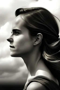 emma watson : The contours of the woman are crafted from dense yet delicate clouds, making her appear goddess-like as she seemingly floats weightlessly in the sky. Boundless Harmony: The amalgamation of clouds forms a feminine figure seamlessly merging with the surroun