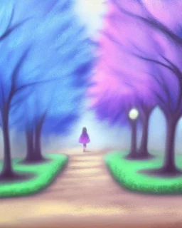 park mystical dream, park bench, man, woman, child, dog, trees, path, bird, sunshine, mystical, fantasy, romanticism, pastel colors, daylight, daytime, acrylic painting, detailed, soft focus,