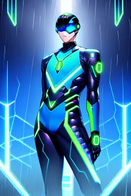 cyberpunk, neon blue, high technology, geometric figures, orbiting figures, cyberpunk suit, black and blue, epic, rain, neon blue suit, geometric figures orbiting around suit, exosuit, male