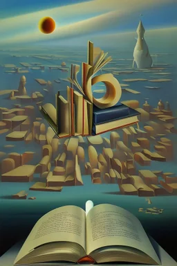 Dreamlike image that represents the idea of ​​traveling through reading a book, a surrealist painting style image by Dalí