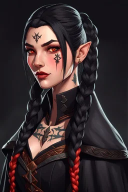Beautiful young Hexblood warlock female character. Long straight jet-black hair to the waist. Half-up hairstyle with two loose Dutch braids on each side. Bright glowing pale emerald-red eyes. Delicate face. High cheekbones. Full lips. Soft smile. Faint dark vine markings on face and neck. Black long cloak. Scars, markings and tattoos. Shadow around . Realistic dark fantasy. Highly detailed. Cinematic lighting.