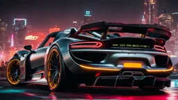 Porsche 918 Spyder ultimate need for speed tuning Mansory Cyberpunk 2077 neon Style Rear View, Super Detailed, desktop wallpaper, 4K