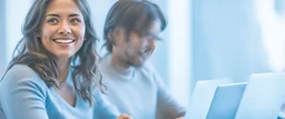 woman sitting at desk with laptop, she looks away from computer and smiles, man in background also sitting at desk working on laptop but blurred, business photography