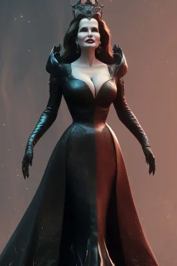 Geena Davis as evil queen in black leather gown, evil, busty, cleavage, curvy, angry, stern look. character design by cory loftis, fenghua zhong, ryohei hase, ismail inceoglu and ruan jia. unreal engine 5, artistic lighting, highly detailed, photorealistic, fantasy