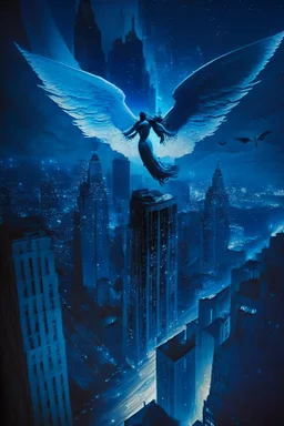 A flying angel over the tall buildings in a city at deep blue night.