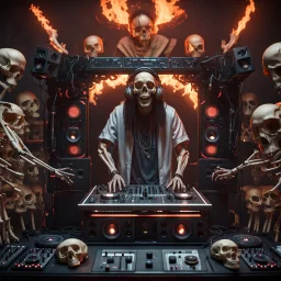 DJ Jazzy Jesus, insanely detailed DJ booth in hell, MID set, speakers and equipment made of bone, anatomically correct, add more skulls in th audience, photorealism, vray, 8k 3d