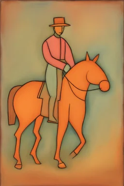 Man on horseback in the style of Paul Klee, Degas, pastel chalk with thin sketchy lines, vibrant colours, ink transfer