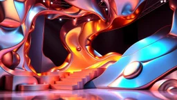 a 3d fractal stage structre made of metallic color 3d structures, pertty artistc background,dynamic lights