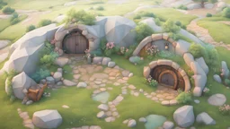 hobbit hole exterior view from outside above 3D low poly cartoon render style with soft pastel colors