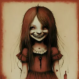 smile blood, girl cute, illustration by <John Kenn Mortensen>, darkred tones,