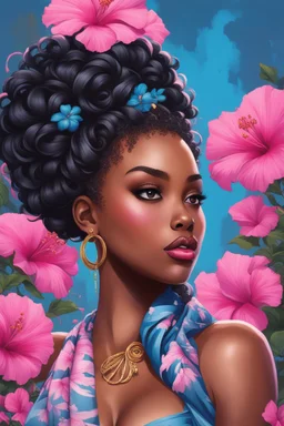 create an urban culture art image of a black curvy female looking to the side with a curly messy bun in a wrapped hair scarf. prominent make up with hazel eyes. 2k Highly detailed hair. Background of blue and pink hibiscus flowers surrounding her heaviley