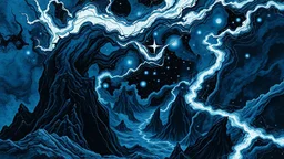 art illustration in the style of Ian Miller, the passage of time, azure, darkest black, brightest white