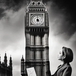 A young woman drawing a fantastic portrait of the Big Ben in London