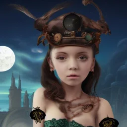 hyper realistic, young small cute girl, short black air, green eyes, with owl tatoo, dressed a steampunk pirate, bra with carved leather, Tintoretto ships in background. salvador dalì style. high details, meteor shower. 4k, unreal engine